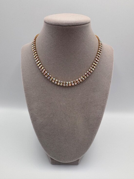 Jewelry - Vintage AB Aurora Borealis Rhinestone Necklace Double Row 1950s 14”